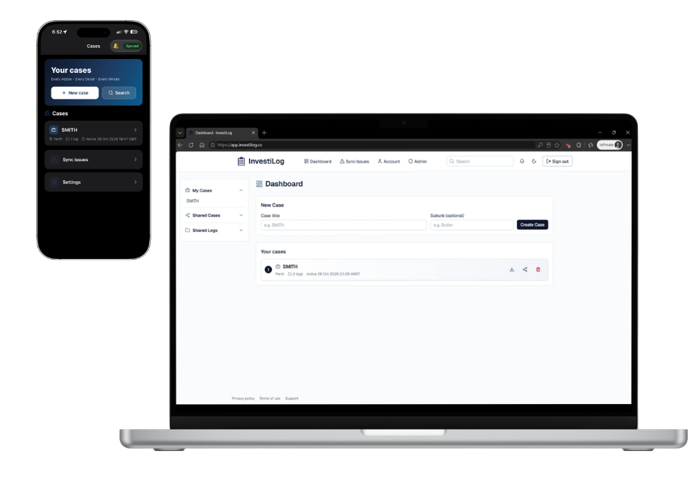 InvestiLog cases on an iPhone, and the web app dashboard on a laptop