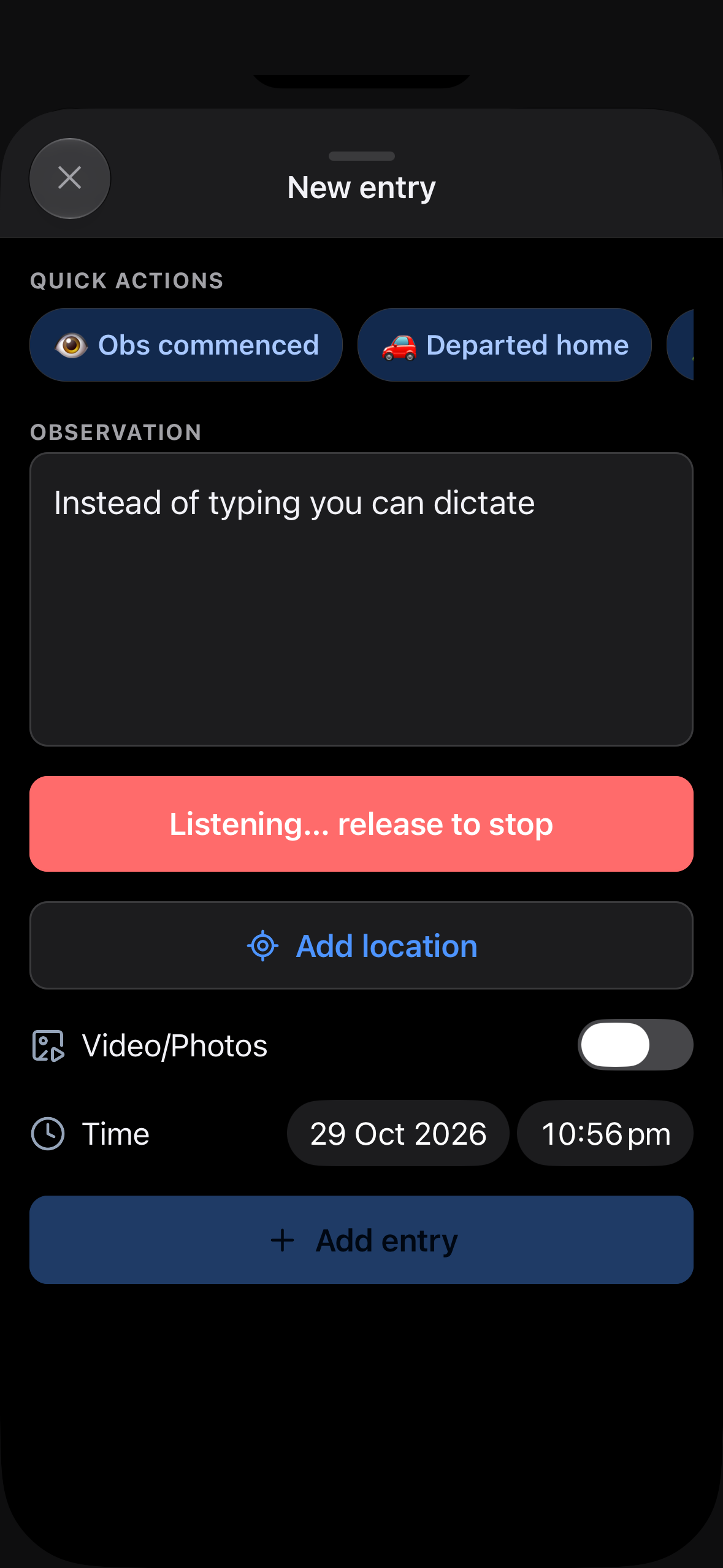 Investilog dictation feature